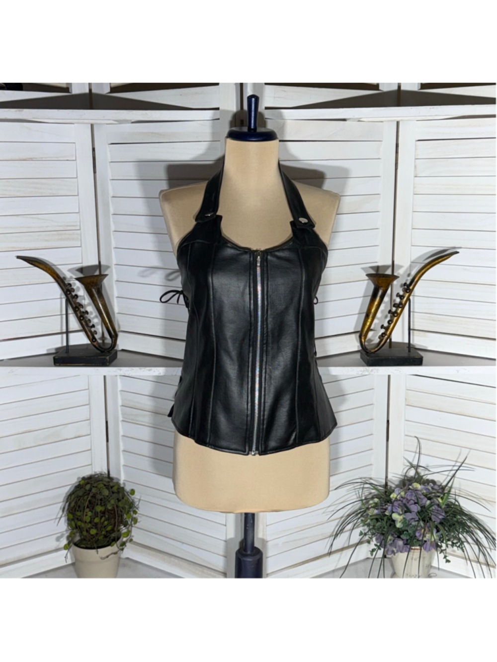 Vintage Y2K black leather corset halter top zip front low back biker goth punk M
